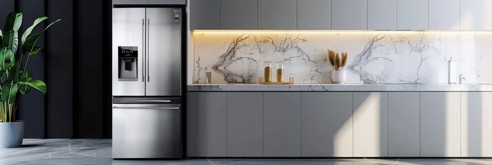 Modern Kitchen with Stainless Steel Refrigerator and Marble Countertop - A contemporary kitchen with a sleek stainless steel refrigerator, marble countertops, and warm lighting, symbolizing modern des