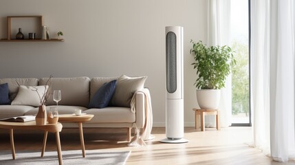 Modern Living Room with Sleek Tower Fan for Cooling Comfort - A contemporary living room featuring a minimalist white couch, a stylish tower fan, a potted plant, and natural light streaming through th