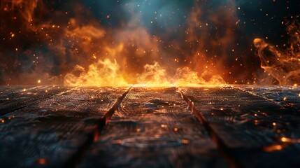 Table of Fire: Flames, Smoke, and Sparks on Wooden Surface