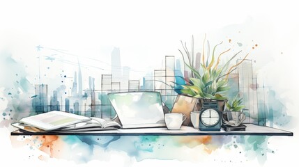 Modern Workspace with City Skyline Watercolor Illustration - A watercolor illustration of a modern workspace with a laptop, coffee cup, and a clock, with a city skyline background, symbolizing product