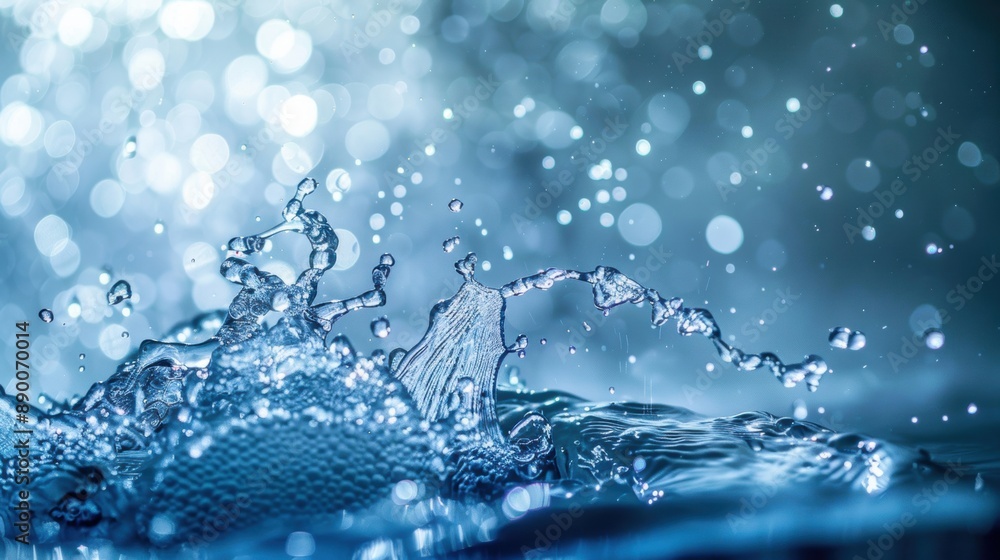 Poster close-up of water splashing with sparkling bokeh lights in the background, capturing the beauty and 