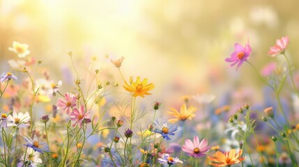 A vibrant meadow filled with various colorful wildflowers basking in sunlight, representing natural beauty and tranquility.