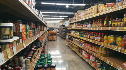 Fototapeta premium Grocery store isles with fully stocked shelves.