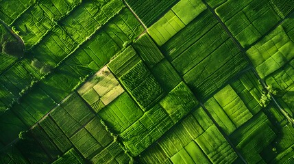 Aerial view of green fields, crops, and harvests