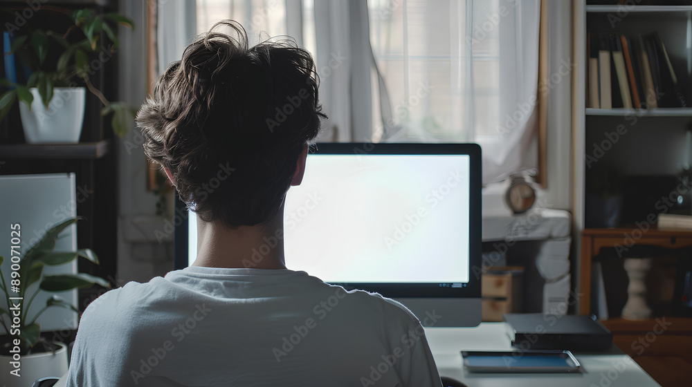 Poster over shoulder shot of a young man using computer laptop in front of an blank white computer screen i