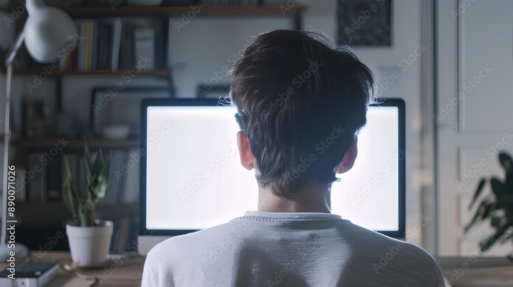 Aufkleber over shoulder shot of a young man using computer laptop in front of an blank white computer screen i