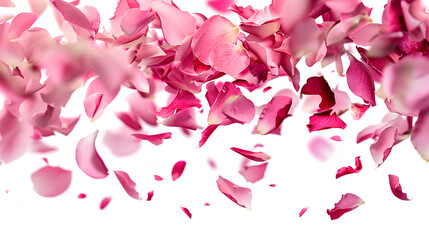 Photo of vibrant pink rose flowers petals falling on white background