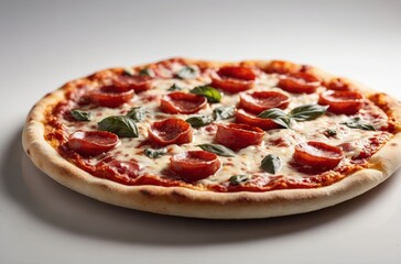 Freshly baked pepperoni pizza with melted mozzarella cheese and basil leaves on white background