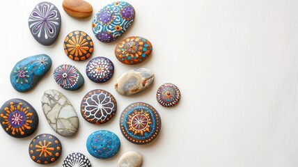 Colorful, painted stones with intricate designs on white background
