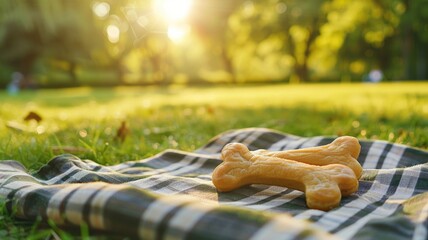 Dog biscuits on plaid blanket in sunlit park setting