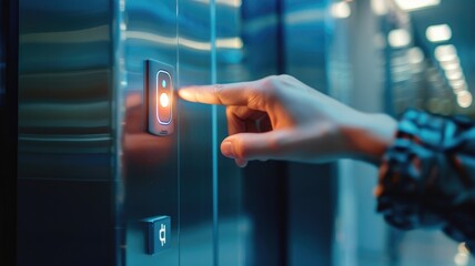 Person pressing elevator button in modern building