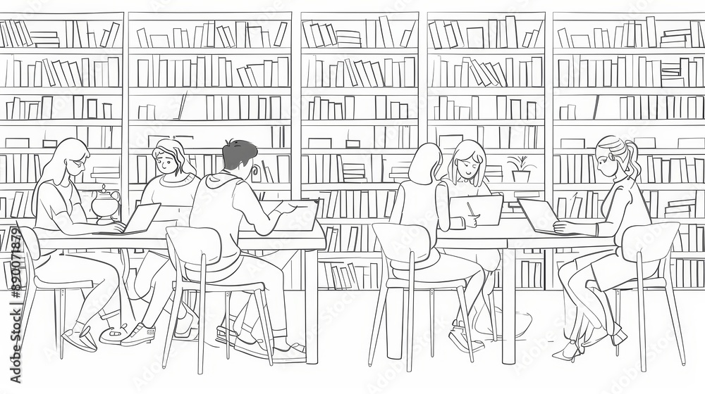 Poster students studying in a library with bookshelves - a group of students are studying in a library, sur