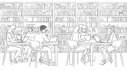 Students Studying in a Library with Bookshelves - A group of students are studying in a library, surrounded by bookshelves. The image symbolizes education, knowledge, collaboration, and focus.