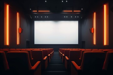 Fototapeta premium A spacious cinema hall with vibrant red seats and neon lighting, featuring a large blank screen ready for a movie projection.