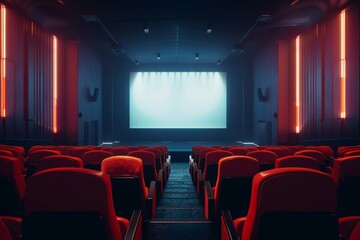 Fototapeta premium Modern cinema hall interior with blank screen and red seats