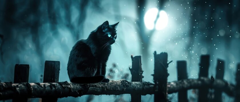 Mysterious Black Cat Sitting on a Fence in a Moonlit Forest with Falling Snowflakes - Powered by Adobe