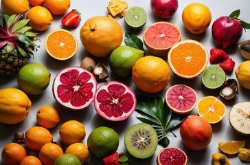 Colorful arrangement of citrus berries and tropical fresh fruits