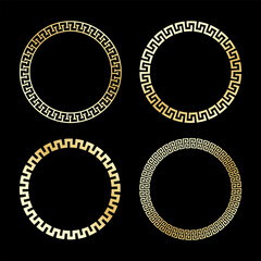 Gold seamless greek key pattern different frames. Round silver greek key frames. Set of circle meander borders.