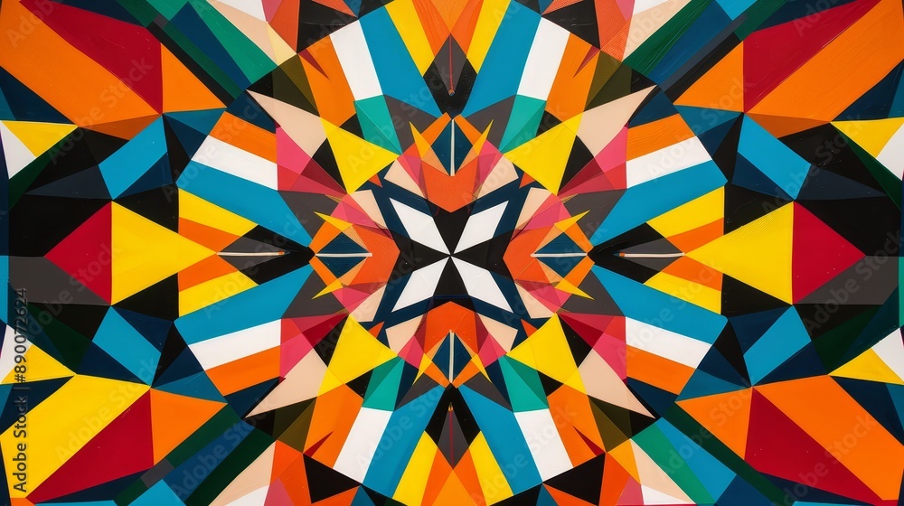 Poster vibrant geometric pattern with kaleidoscopic symmetry - a captivating abstract design featuring a ka