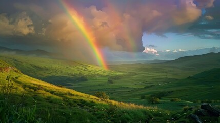 A vibrant rainbow over a lush green valley.