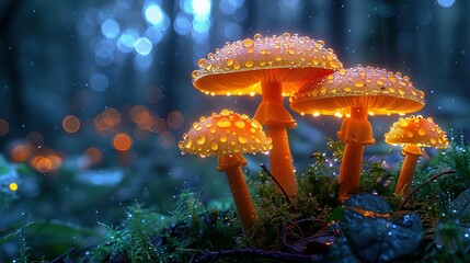 Nature's Glow: Orange Mushrooms with Dewdrops in the Forest