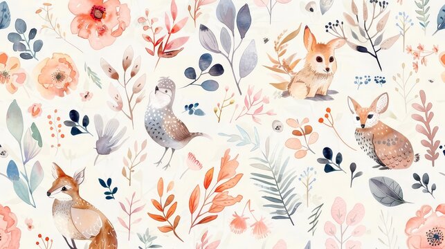 Watercolor Woodland Animals and Floral Pattern - A whimsical pattern featuring a fox, two deer, and various floral elements painted in delicate watercolor, symbolizing nature, wildlife, innocence, bea