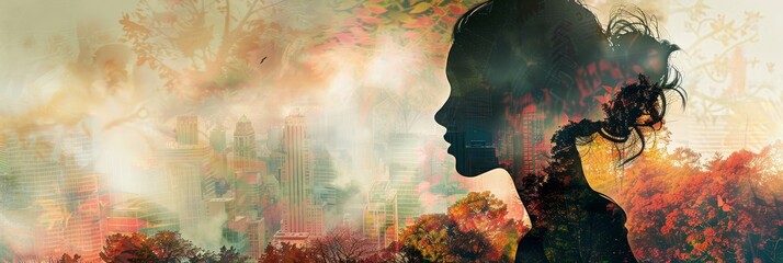 Fototapeta premium Woman Silhouette Overlapping Cityscape and Autumn Leaves - A woman's silhouette is layered over a cityscape and autumn leaves, symbolizing a connection between nature, urban life, and the human experi