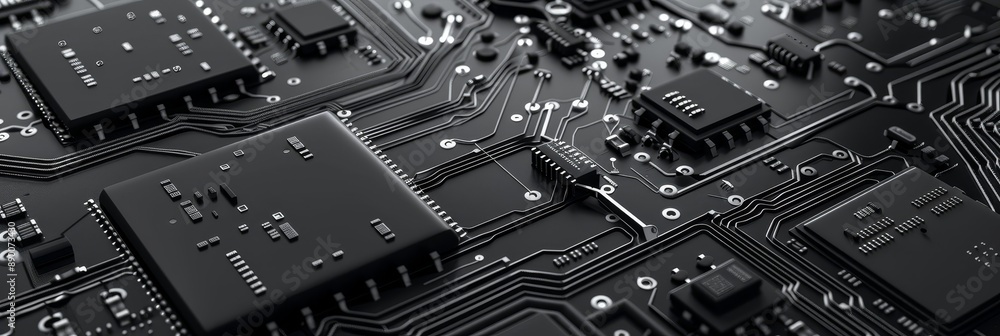 Poster abstract black and white circuit board texture - close-up of a circuit board with intricate details,