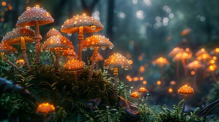 Mystical Mushroom Magic: Orange Fungi with Dewdrops in the Forest