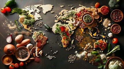Global cuisine diversity map made of food ingredients