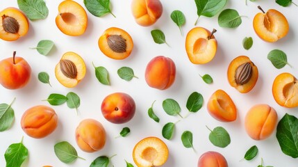 Apricots in various forms, including whole, halved, and sliced, are arranged on a white background with leafy greens for decoration.