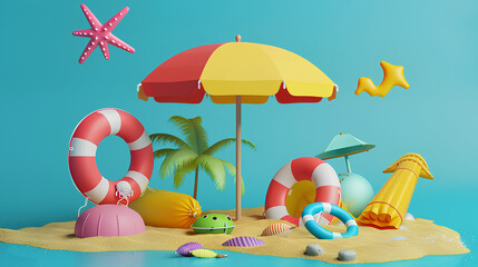 Summer elements 3d icon set clipart isolated on background, Minimal Realistic objects for mock-up with summer theme, beach umbrella, sand, inflatable ring, vacation time 