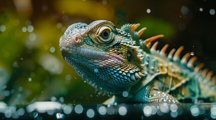 Fototapeta premium A macro shot captures the stunning details and colors of a water dragon lizard's intricate scales.