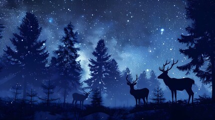 Deer silhouettes in the forest at night