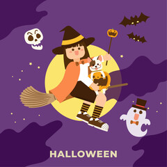 Halloween theme vector illustration. Little cute witch flying in the night sky. The illustration contains a witch, grimace pumpkin, dog, full moon, cute ghost, bat and skull.