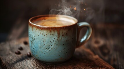 A cozy ceramic mug filled to the brim with steaming hot coffee, set against a backdrop of rich earthy brown, inviting warmth and comfort.