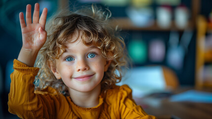 Young girl in class with raised hand.
