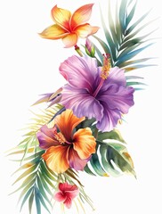 Vibrant Tropical Flowers in a Baroque Style - Realistic Watercolor Illustrations with Decorative Borders on White Background