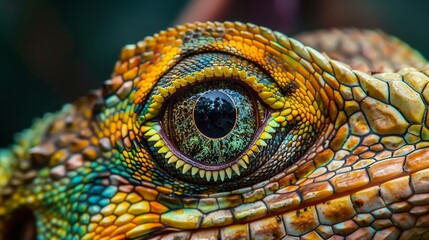 Obraz premium A close-up of a water dragon lizard's eye reveals its intricate patterns and vibrant colors.