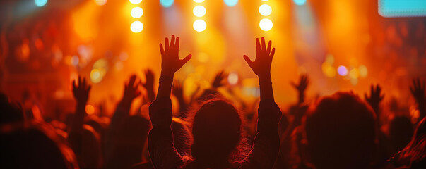 Banner of people praising and singing during an indoor concert.