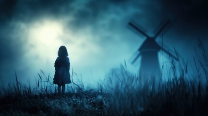 Fototapeta premium Mysterious Night Scene with Silhouette of Child and Windmill Under Moonlit Sky