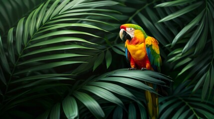 Fototapeta premium A tropical rainforest with dense foliage and a rainbow of exotic birds