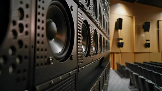 The sound system also includes large speakers mounted on the walls providing clear audio coverage throughout the entire auditorium.