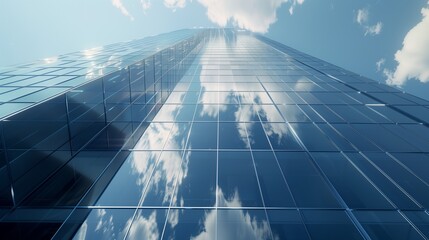 A highly detailed and super realistic image of a modern skyscraper with reflective glass windows,