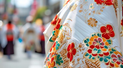 A vibrant festival with colorful costumes and richly decorated floats