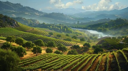 A panoramic view of a wine country landscape, with terraced vineyards cascading down hillsides towards a tranquil river below.