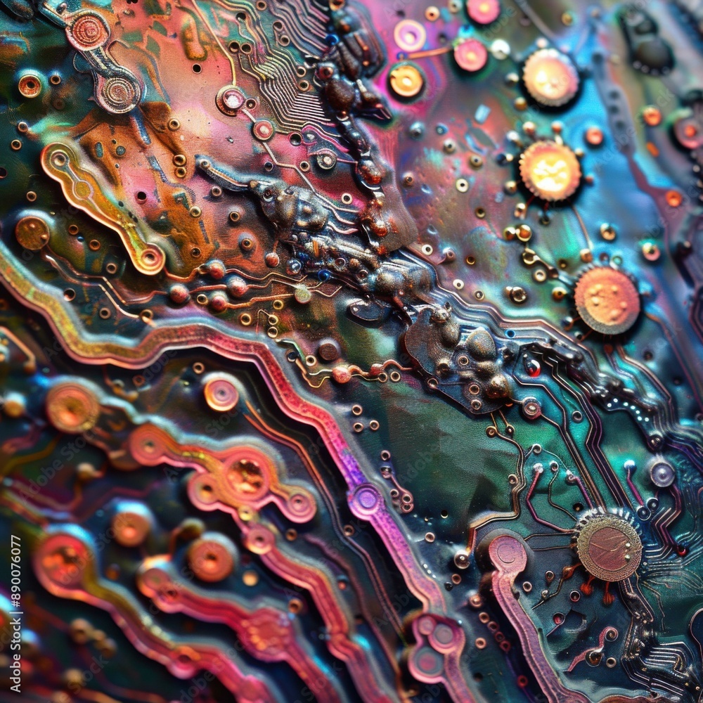 Poster a close up of a circuit board with many different colors. ai.
