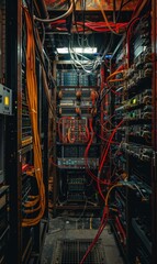 A room with lots of wires and electronics in it. AI.