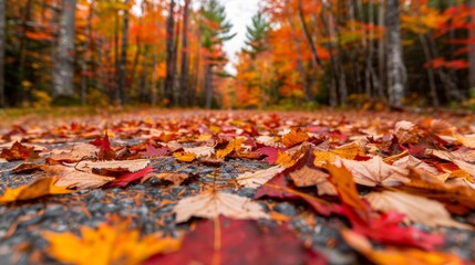 Autumn forest path covered in a blanket of multicolored leaves, the trees displaying various shades of red, orange, and yellow