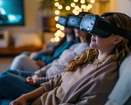 Three women sitting on a couch wearing virtual reality headsets. AI.